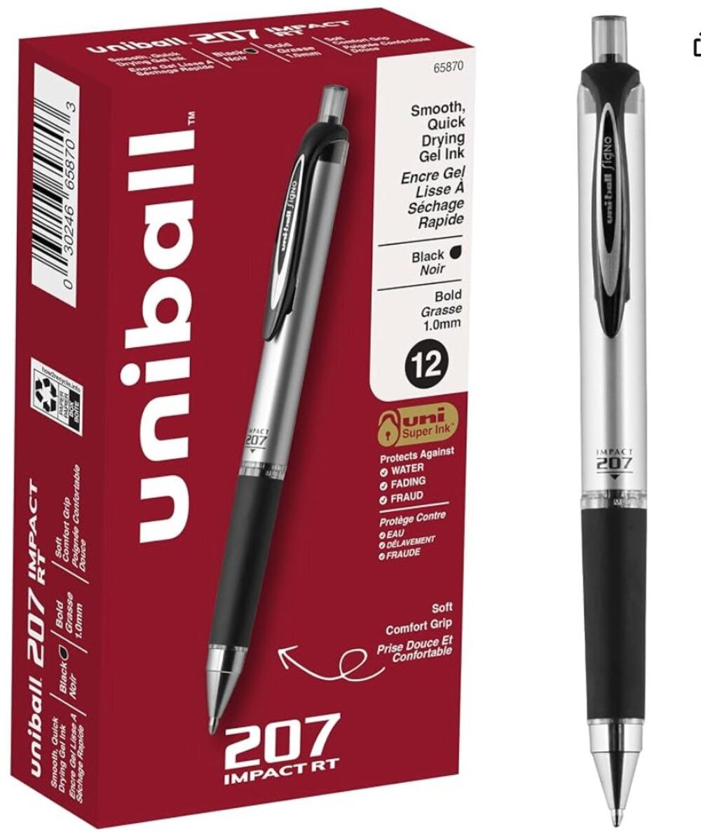uniball 207 Impact Retractable Gel Pens, Bold Point (1.0mm), Black, 11 Pens